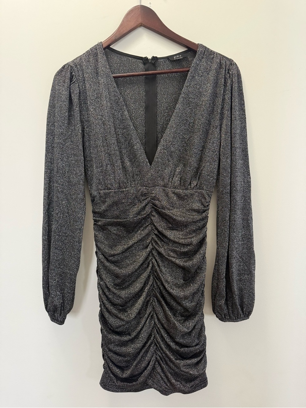 Privy Silver Metallic Ruched V-Neck Long Sleeve Dress